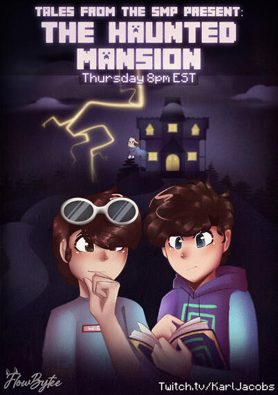 A comic book cover depicting the seventh tales episode. George and Karl stand in the center of the cover looking lost as Karl reads from his book. In the background, a spooky mansion sits high up on a hill. Schlatt's mascot, Rammie, stands outside the manison on a rock looking down at the two. Lightning strikes from the sky. The text reads: Tales from the SMP presents The Haunted Mansion. Thursday 8pm est. twitch.tv/karljacobs